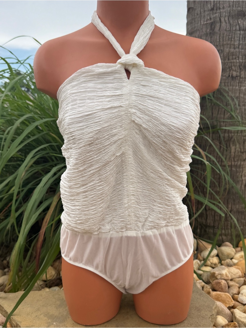 Lulu’s Chic Your Truth Ivory Smocked Knotted Halter Bodysuit size Large